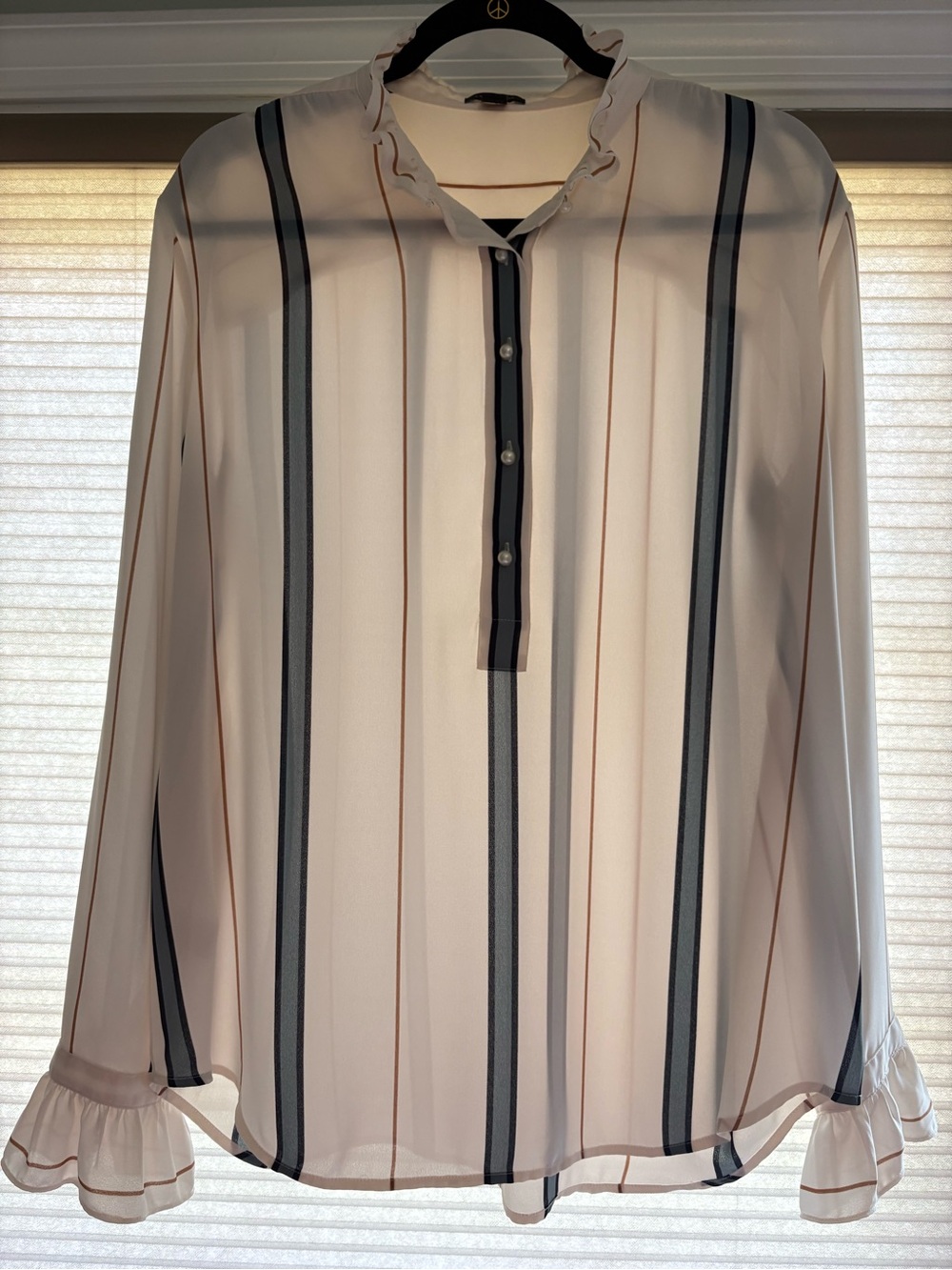 Ann Taylor Cream Blouse with Black and Tan Vertical Stripes